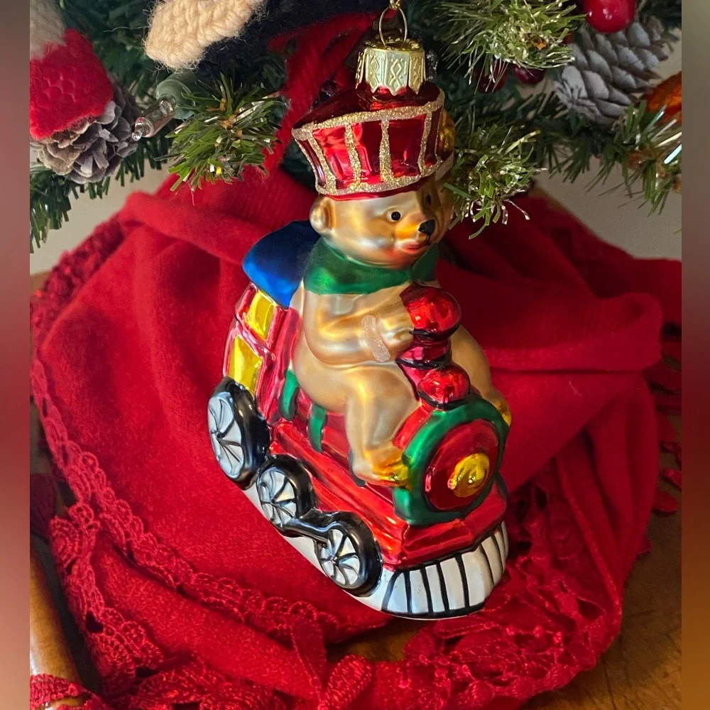Vtg Lao Mai Christmas Bear Driving Train Glass Ornament